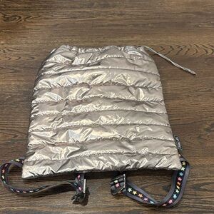 Top Trenz Kids Shiny Silver Drawstring Backpack With Rainbow Stars